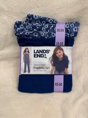 Lands' End Girls Navy and White Floral 3-Piece Pajama Set
